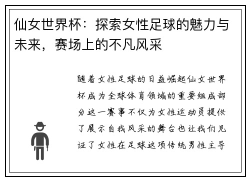 仙女世界杯：探索女性足球的魅力与未来，赛场上的不凡风采