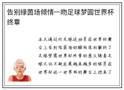 告别绿茵场倾情一吻足球梦圆世界杯终章